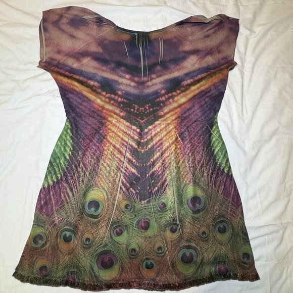 Energe‎ One World Womens Top Size Medium Peacock Y2K Sublimation Boho Glam - Picture 6 of 10
